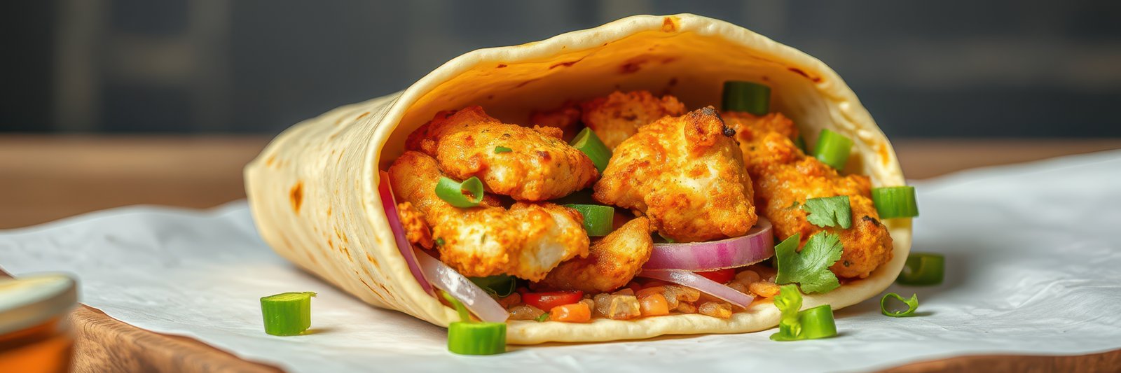 Flavorful tortilla wrap filled with spicy chicken, fresh vegetables, and vibrant toppings in a restaurant setting